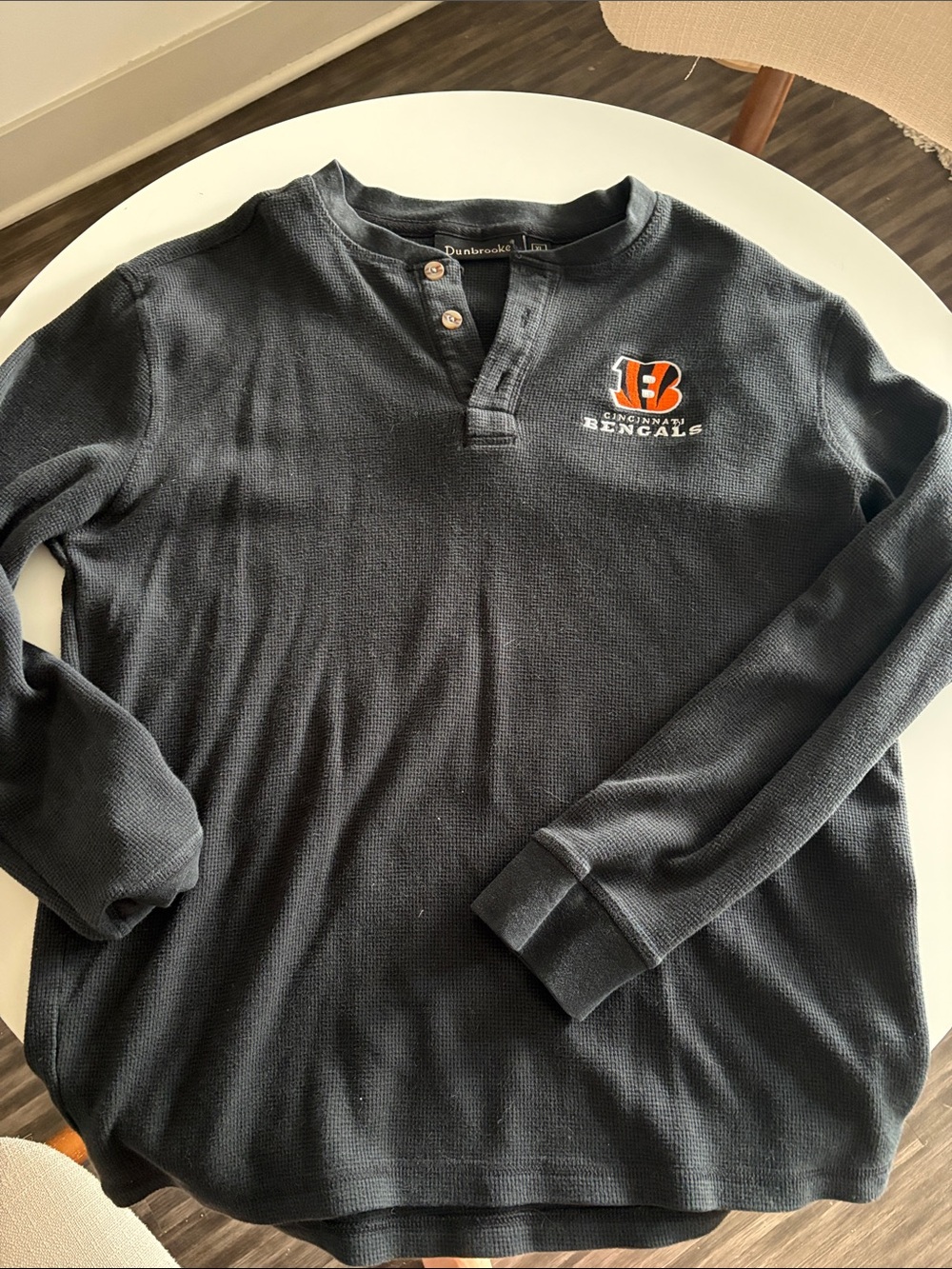 Dunbrooke Black Waffle Knit Henley with Orange & White Bengals Logo